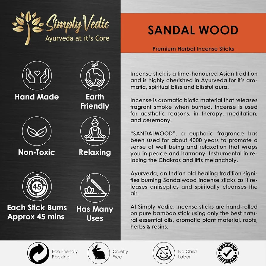 Simply Vedic Sandalwood Incense Sticks 250g  with Free Holder | 45 Min Burn | Natural Charcoal-Free Agarbatti for Meditation, Yoga, Aromatherapy, Relaxation